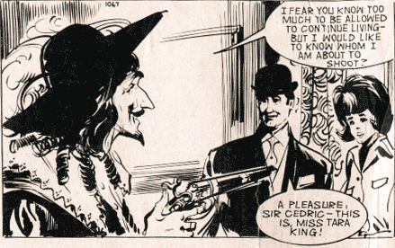 Steed and somebody who may or may not be Tara are held at gunpoint by Sir Cedric Cramp in TV Comic #1067